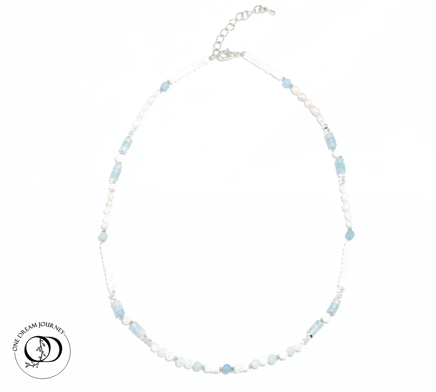 Natural Mother-of-Pearl 丨 Aquamarine 丨 Freshwater Rice Pearls Necklace
