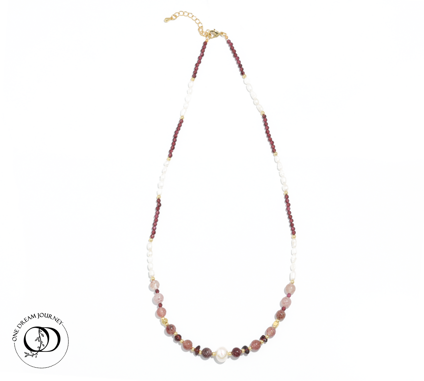 Natural Strawberry Quartz 丨 Garnet 丨 Freshwater Rice Pearls Necklace