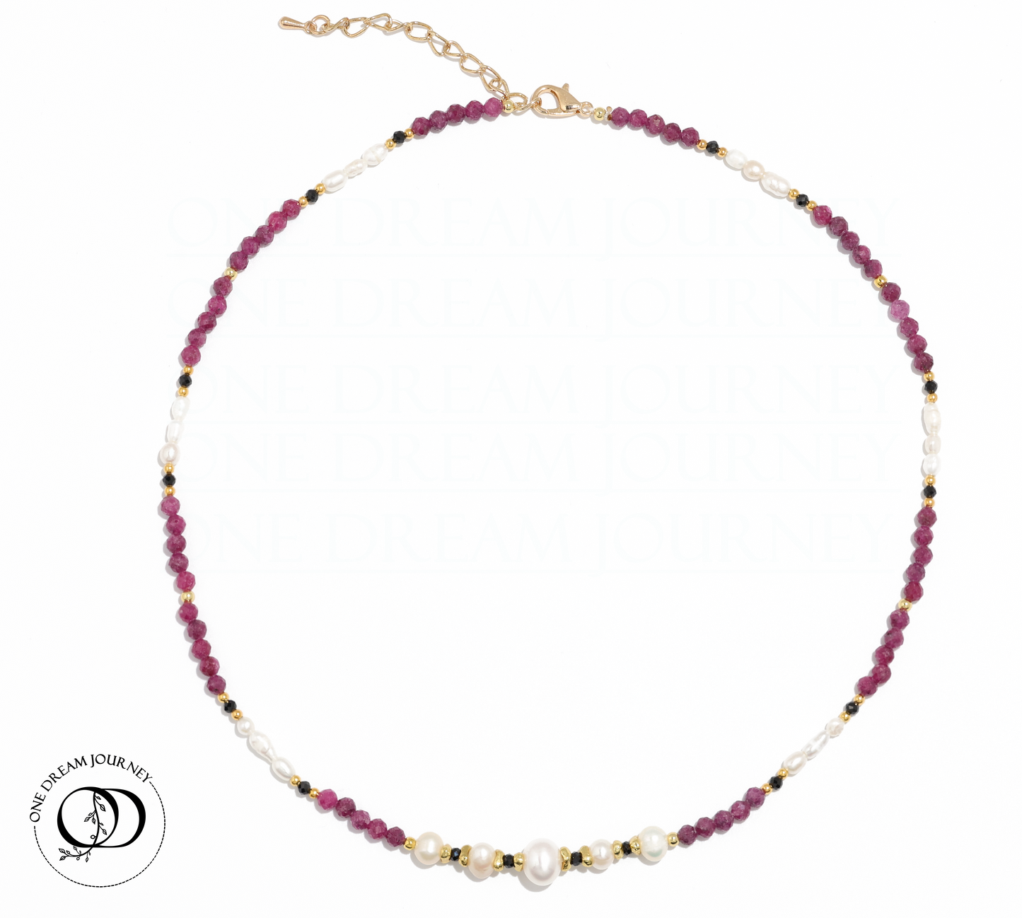 Natural Ruby 丨 Black Tourmaline 丨 Freshwater Rice Pearls Necklace