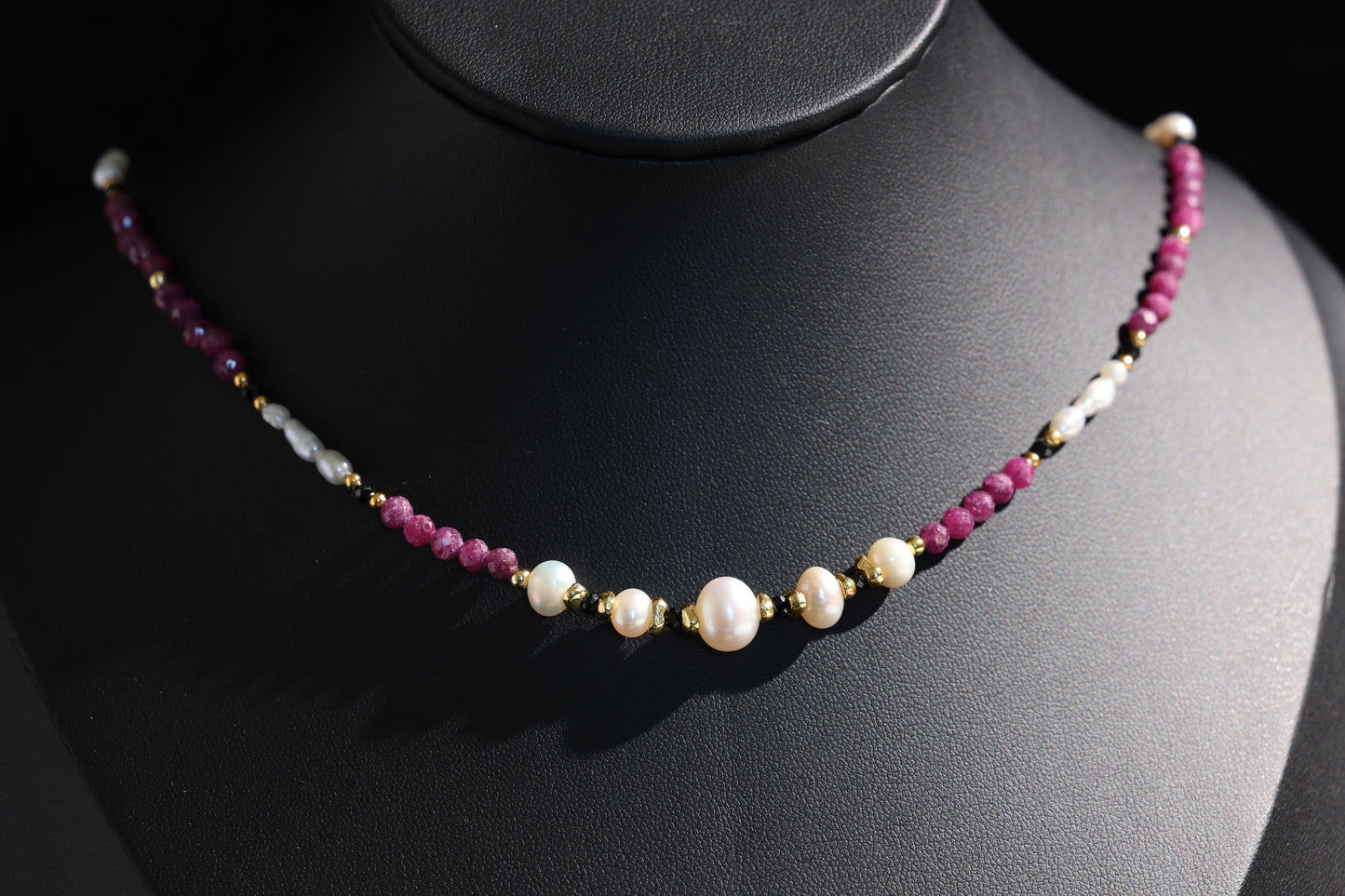 Natural Ruby 丨 Black Tourmaline 丨 Freshwater Rice Pearls Necklace