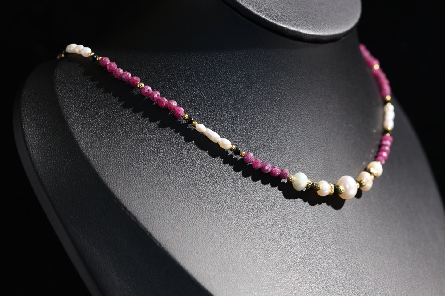 Natural Ruby 丨 Black Tourmaline 丨 Freshwater Rice Pearls Necklace