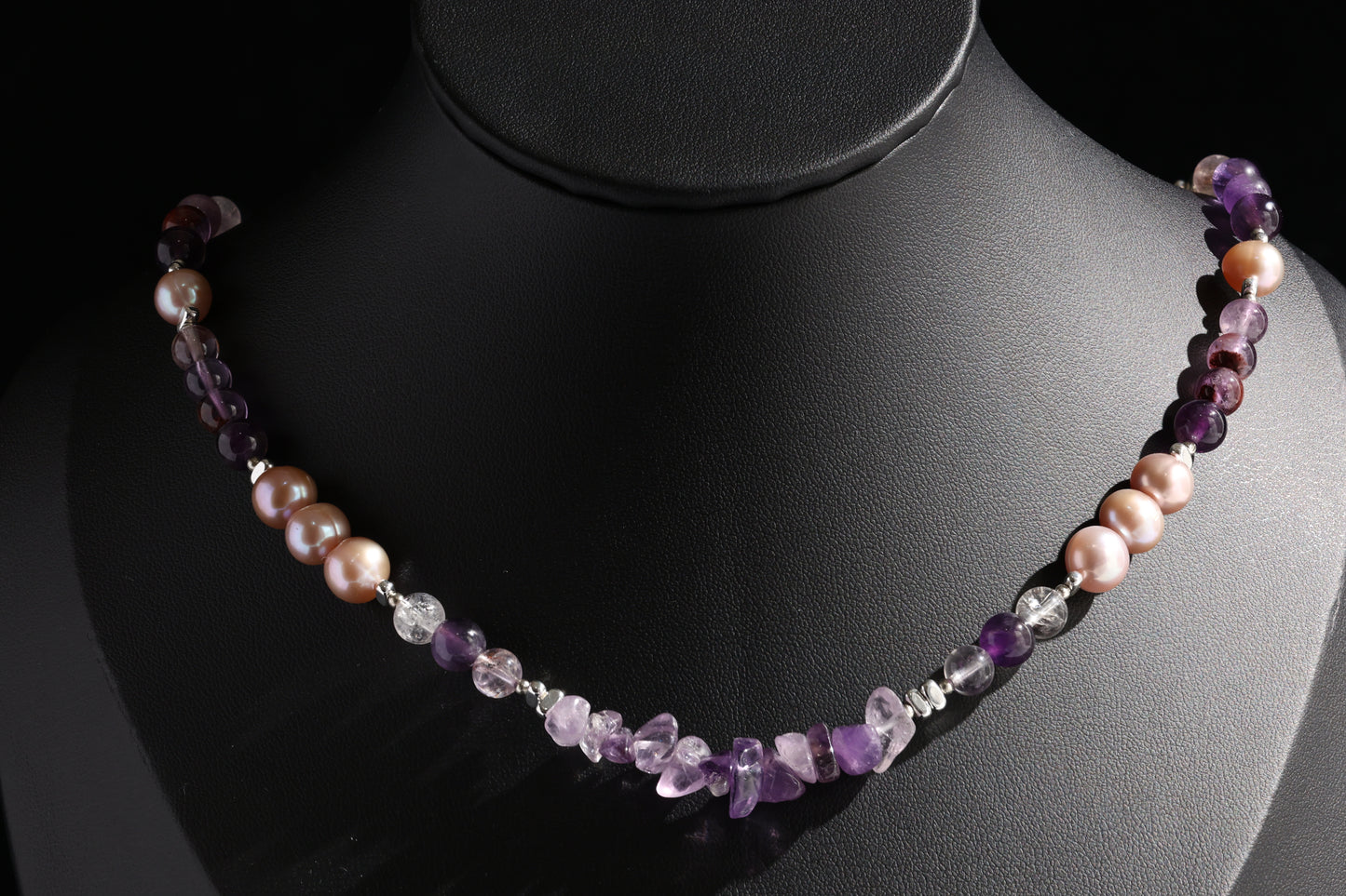 Natural Amethyst 丨 Purple Phantom Quartz 丨 Freshwater Rice Pearls Necklace