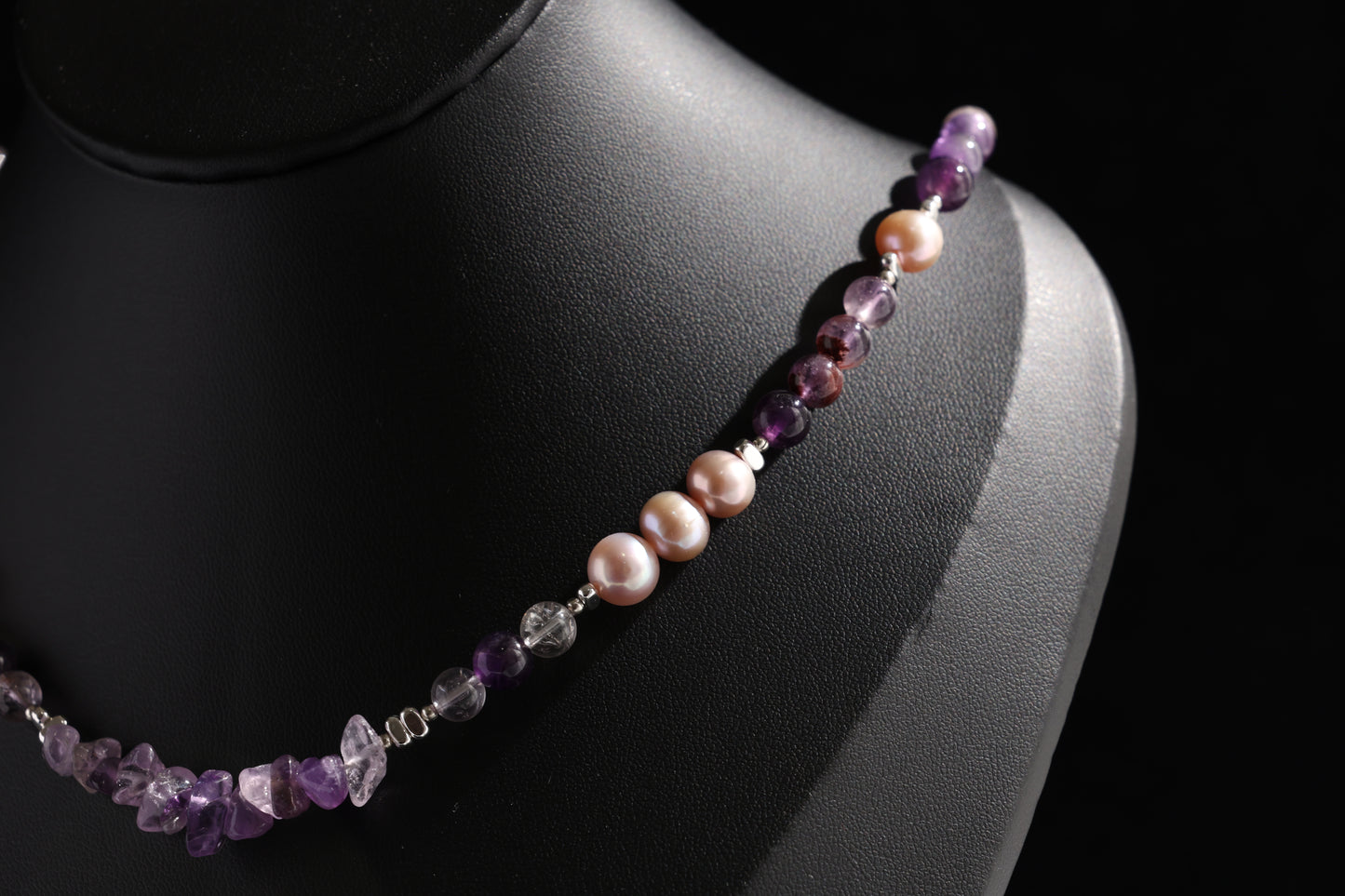 Natural Amethyst 丨 Purple Phantom Quartz 丨 Freshwater Rice Pearls Necklace