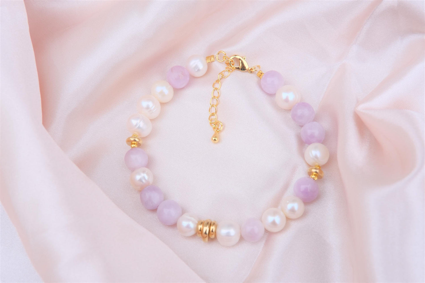 Natural Freshwater White Pearl | Natural Kunzite Design Bracelet | 7-inch + 2-inch Extension Chain —Designed by YL