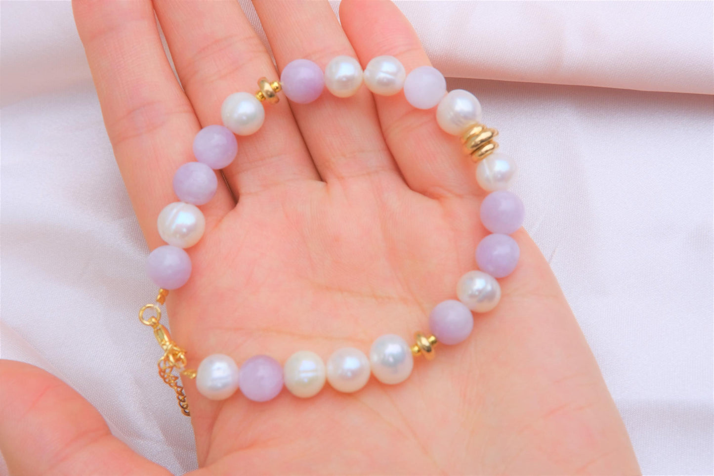 Natural Freshwater White Pearl | Natural Kunzite Design Bracelet | 7-inch + 2-inch Extension Chain —Designed by YL