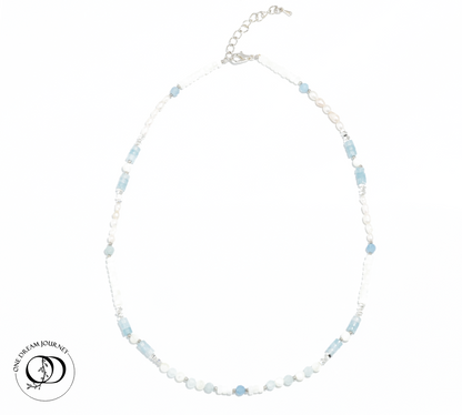 Natural Mother-of-Pearl 丨 Aquamarine 丨 Freshwater Rice Pearls Necklace