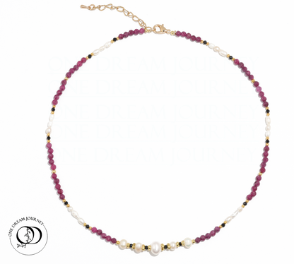 Natural Ruby 丨 Black Tourmaline 丨 Freshwater Rice Pearls Necklace