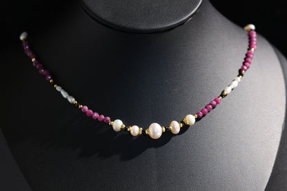 Natural Ruby 丨 Black Tourmaline 丨 Freshwater Rice Pearls Necklace