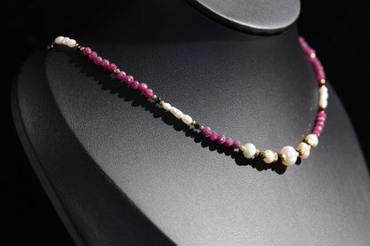 Natural Ruby 丨 Black Tourmaline 丨 Freshwater Rice Pearls Necklace