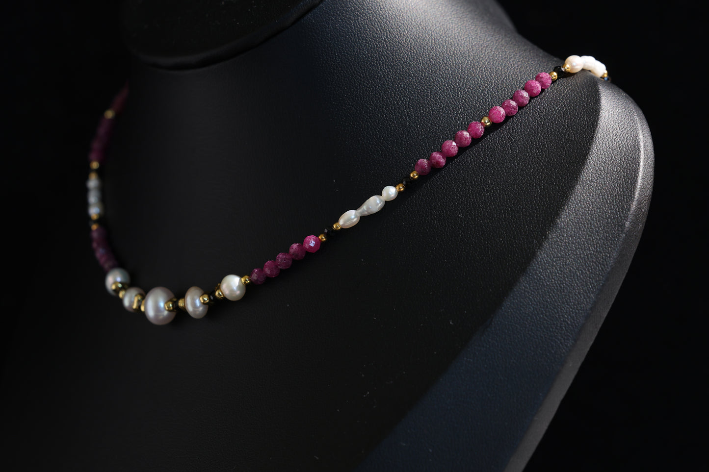 Natural Ruby 丨 Black Tourmaline 丨 Freshwater Rice Pearls Necklace