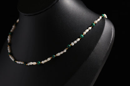 Natural Malachite 丨 Freshwater Rice Pearls Necklace