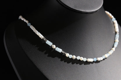 Natural Mother-of-Pearl 丨 Aquamarine 丨 Freshwater Rice Pearls Necklace