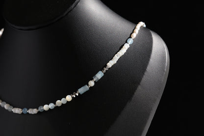 Natural Mother-of-Pearl 丨 Aquamarine 丨 Freshwater Rice Pearls Necklace