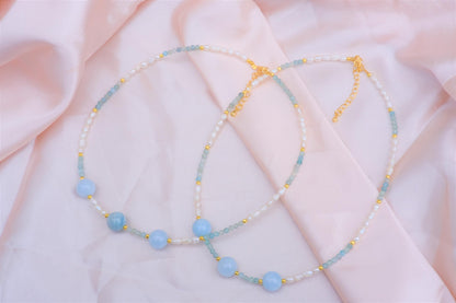 Natural Freshwater Rice Pearl | Natural Aquamarine Design Necklace | 15-inch + 2-inch Extension Chain | Choker—Designed by YL
