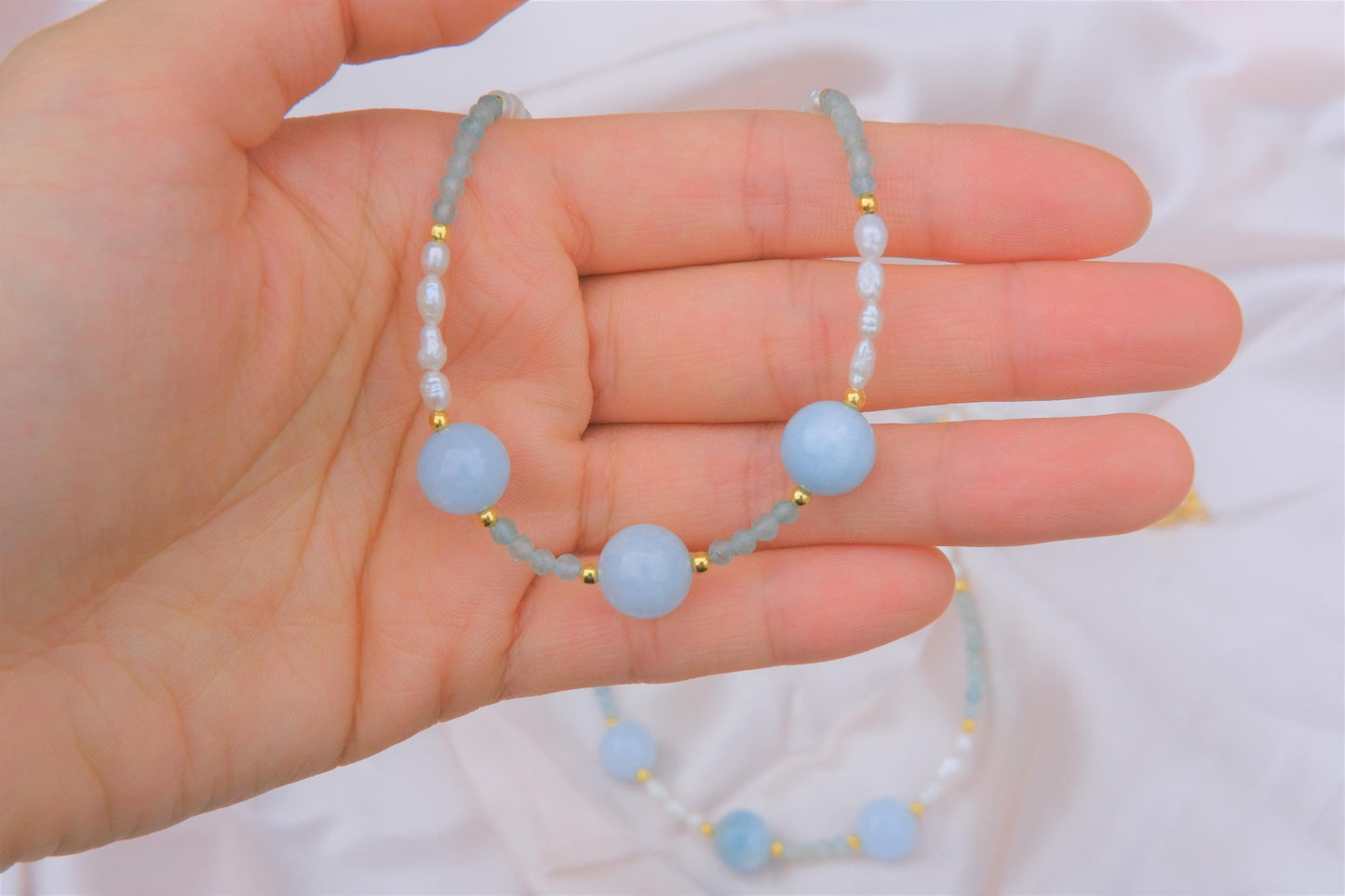 Natural Freshwater Rice Pearl | Natural Aquamarine Design Necklace | 15-inch + 2-inch Extension Chain | Choker—Designed by YL