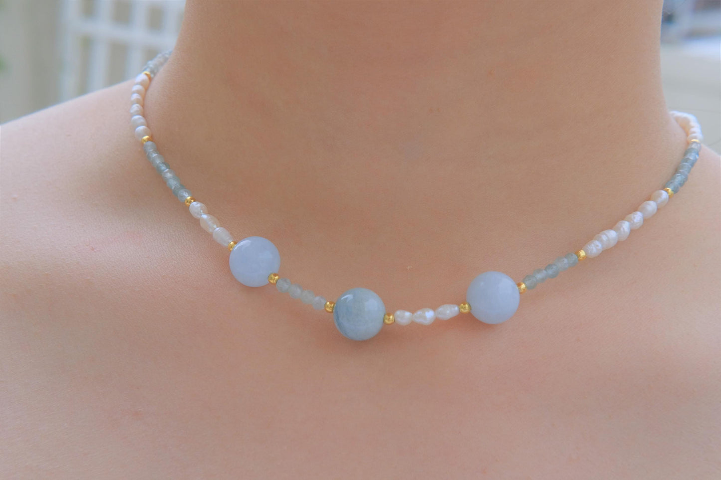 Natural Freshwater Rice Pearl | Natural Aquamarine Design Necklace | 15-inch + 2-inch Extension Chain | Choker—Designed by YL