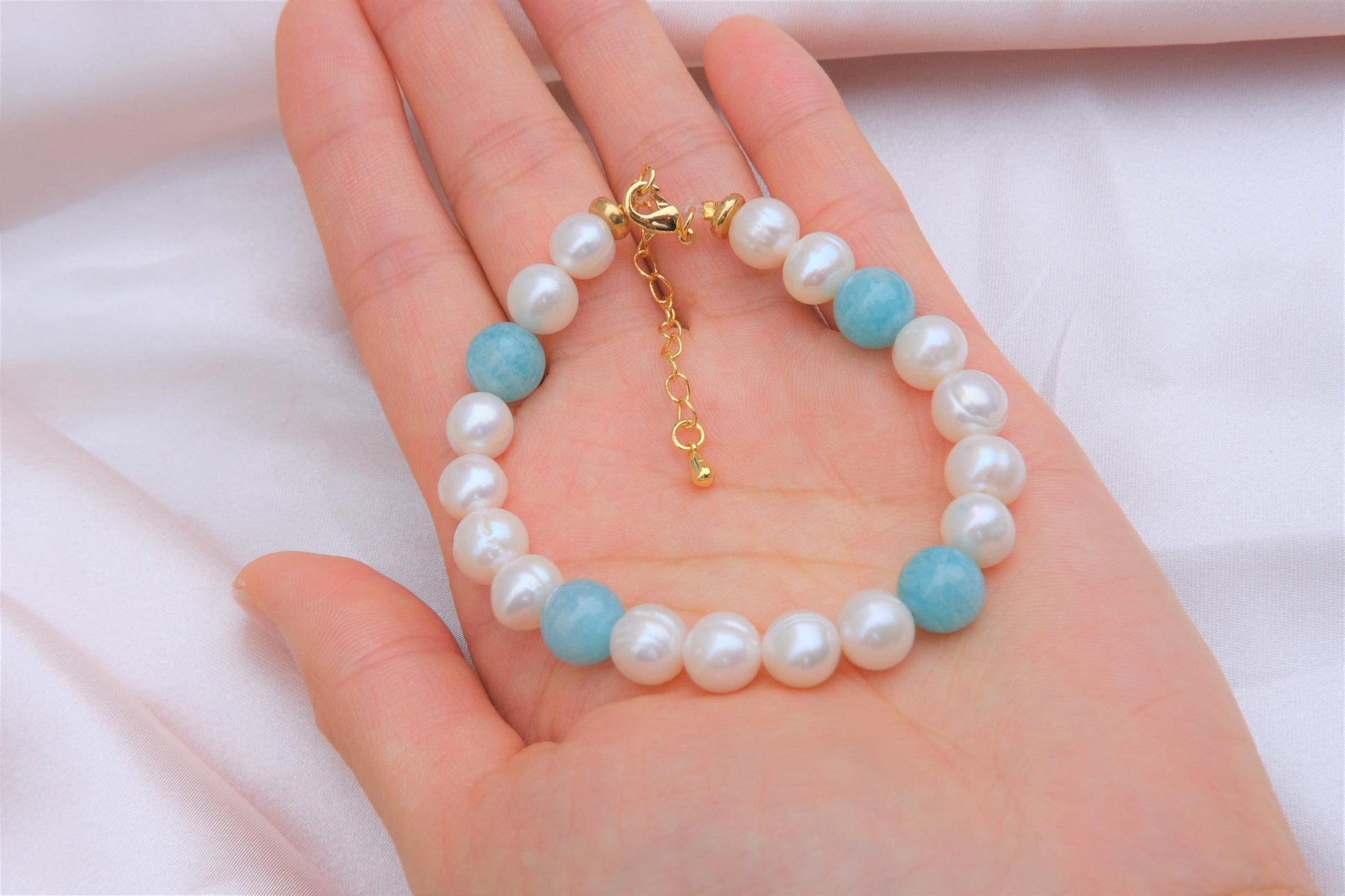 Natural Freshwater White Pearl | Natural Amazonite Design Bracelet | 7-inch + 2-inch Extension Chain —Designed by YL