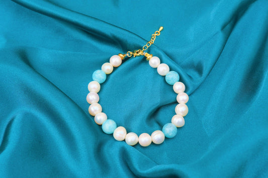 Natural Freshwater White Pearl | Natural Amazonite Design Bracelet | 7-inch + 2-inch Extension Chain —Designed by YL