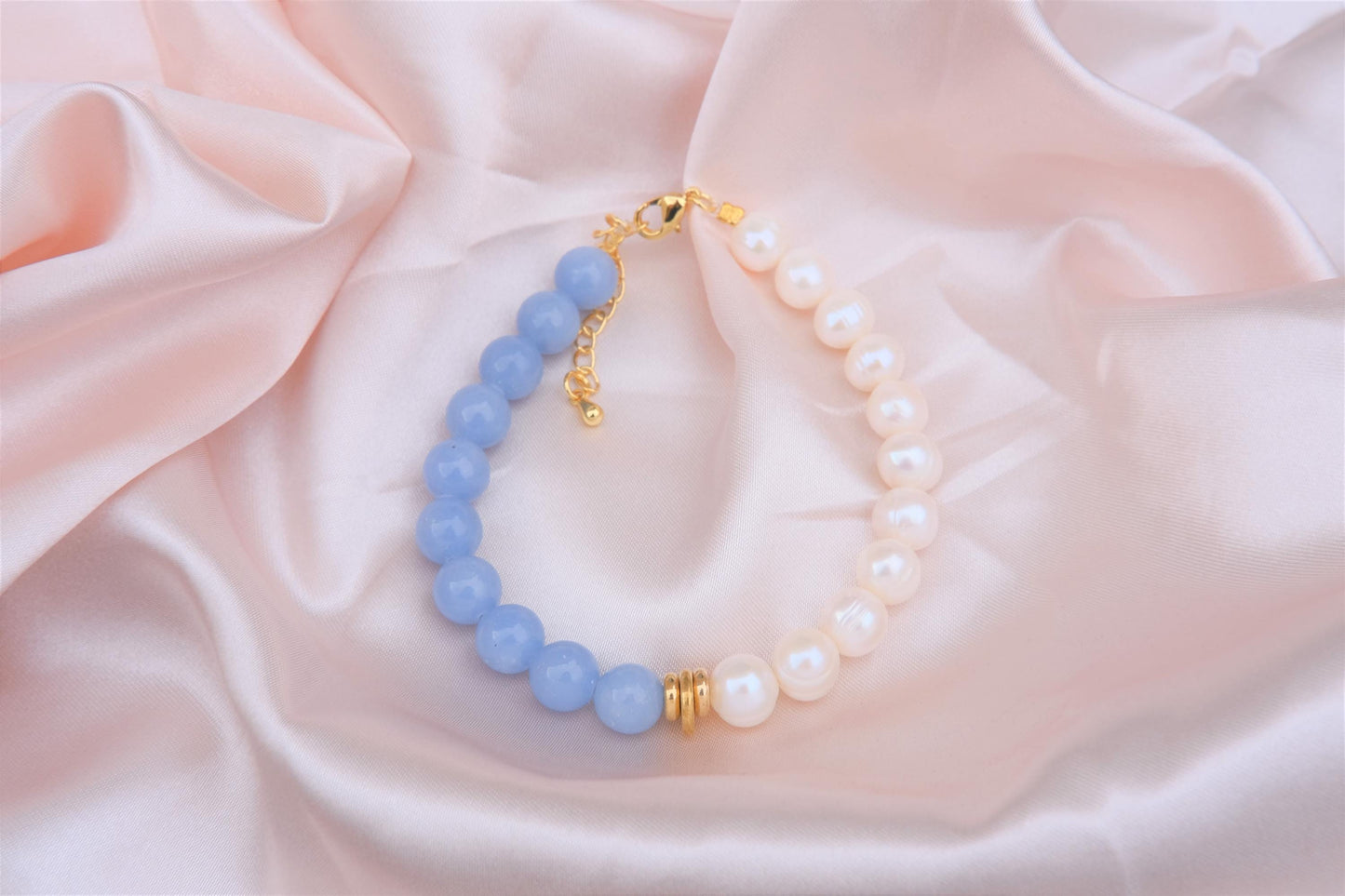 Natural Freshwater White Pearl | Natural Angelite Design Bracelet | 7-inch + 2-inch Extension Chain —Designed by YL