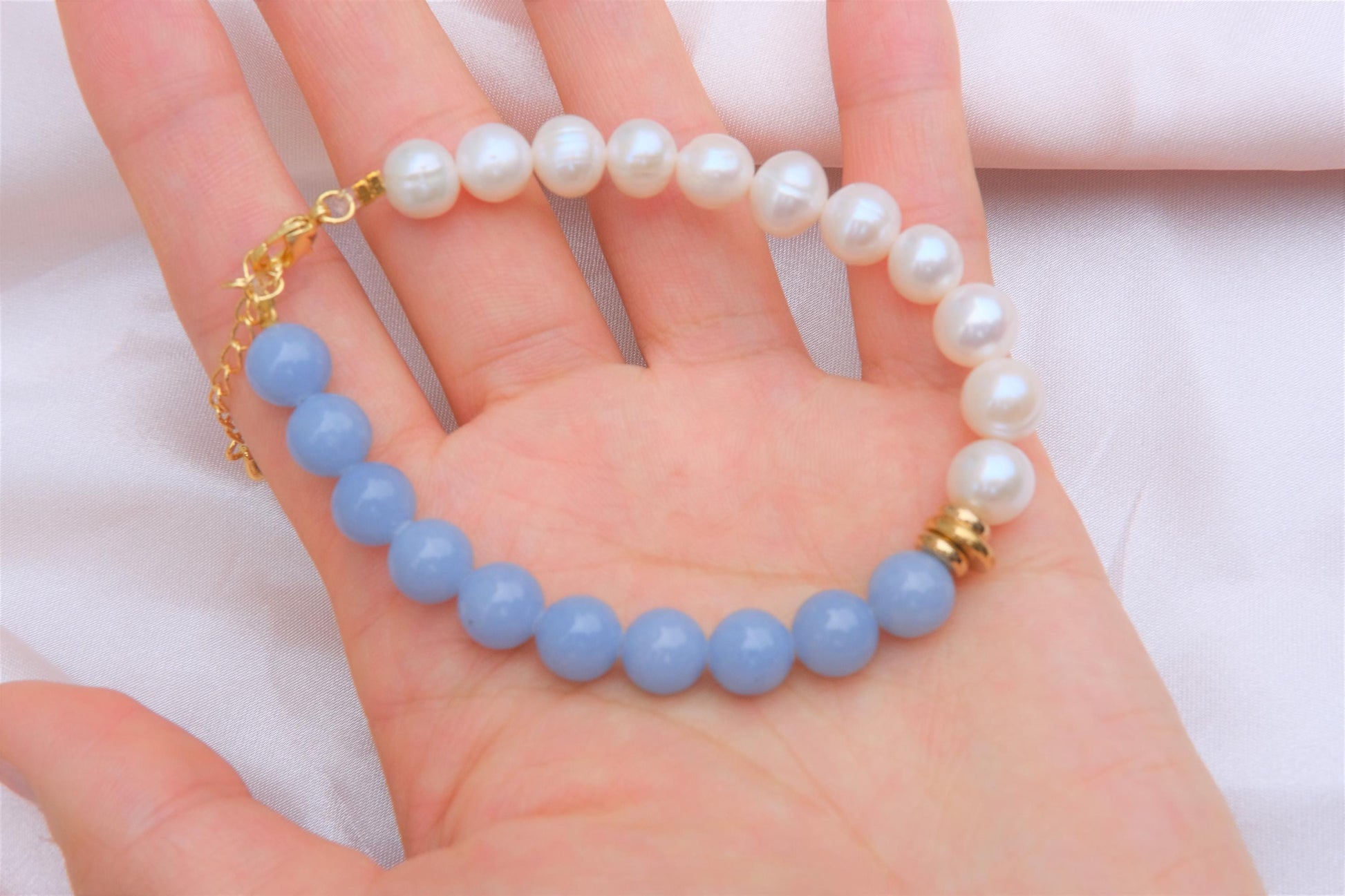 Natural Freshwater White Pearl | Natural Angelite Design Bracelet | 7-inch + 2-inch Extension Chain —Designed by YL