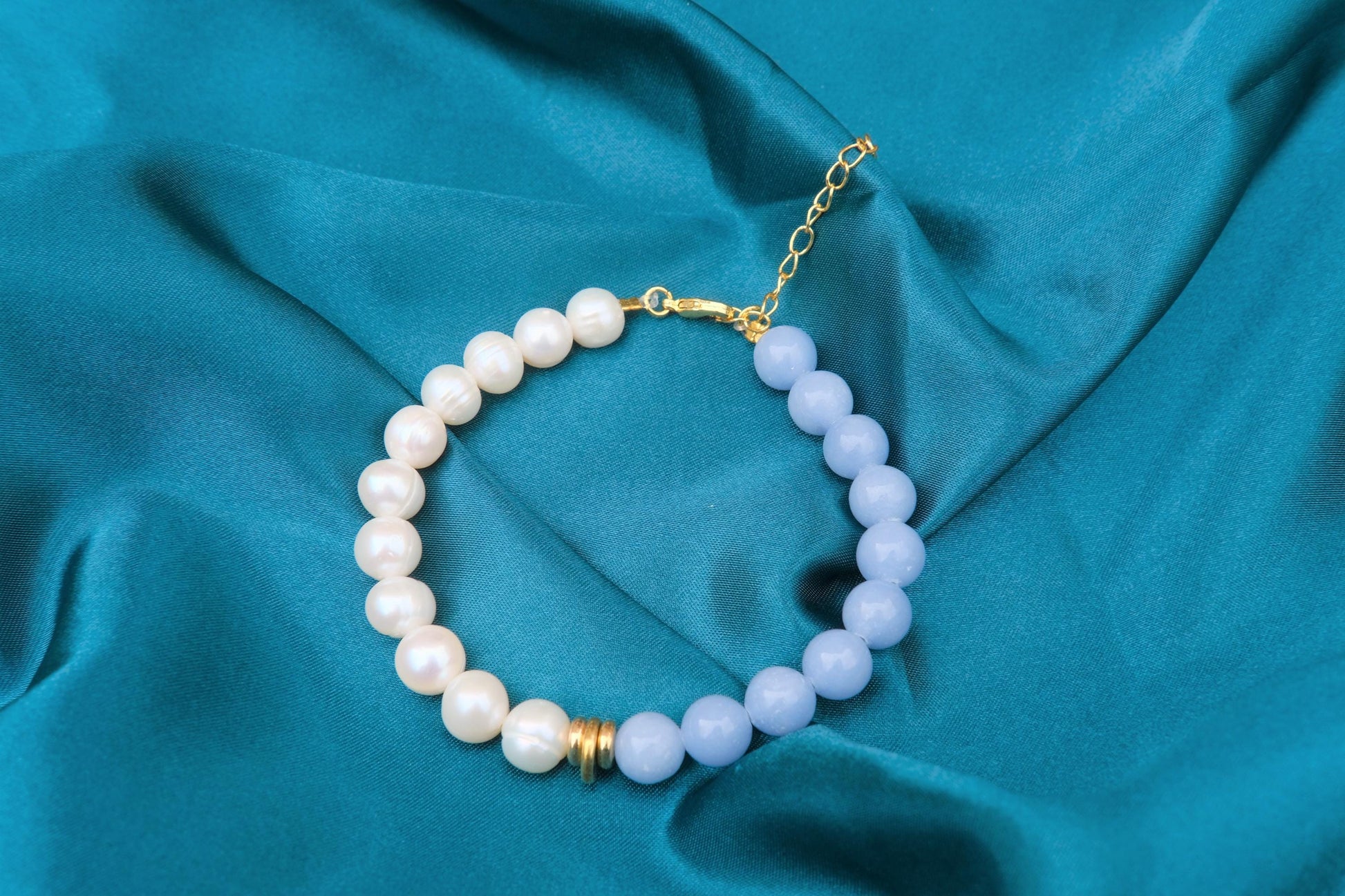 Natural Freshwater White Pearl | Natural Angelite Design Bracelet | 7-inch + 2-inch Extension Chain —Designed by YL