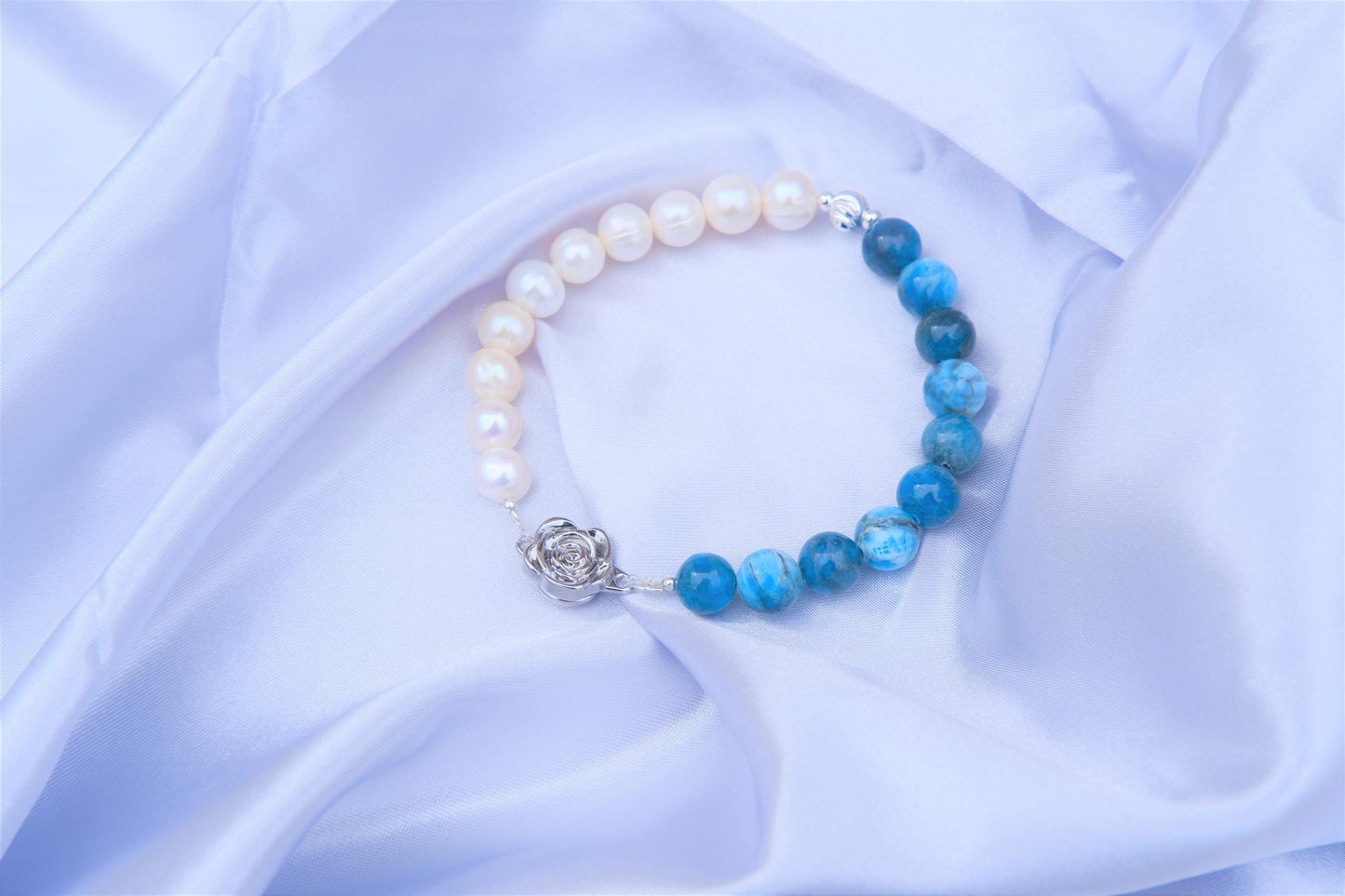 Natural Freshwater White Pearl | Natural Apatite Design Bracelet |7" Inches 丨Magnetic clasp —Designed by YL