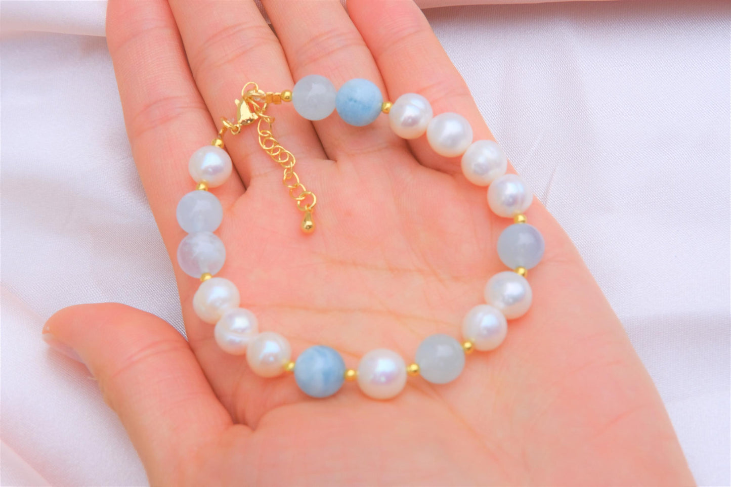 Natural Freshwater White Pearl | Natural Aquamarine Design Bracelet | 7-inch + 2-inch Extension Chain —Designed by YL