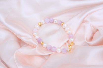 Natural Freshwater White Pearl | Natural Kunzite Design Bracelet | 7-inch + 2-inch Extension Chain —Designed by YL