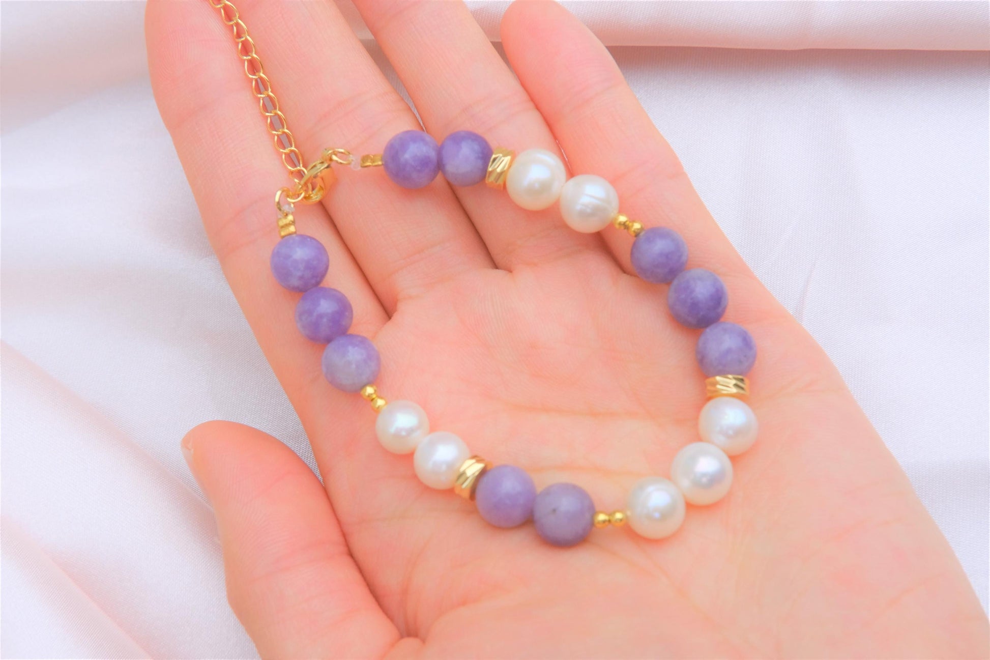 Natural Freshwater White Pearl | Natural Lepidolite Design Bracelet | 6.5-inch + 2-inch Extension Chain —Designed by YL