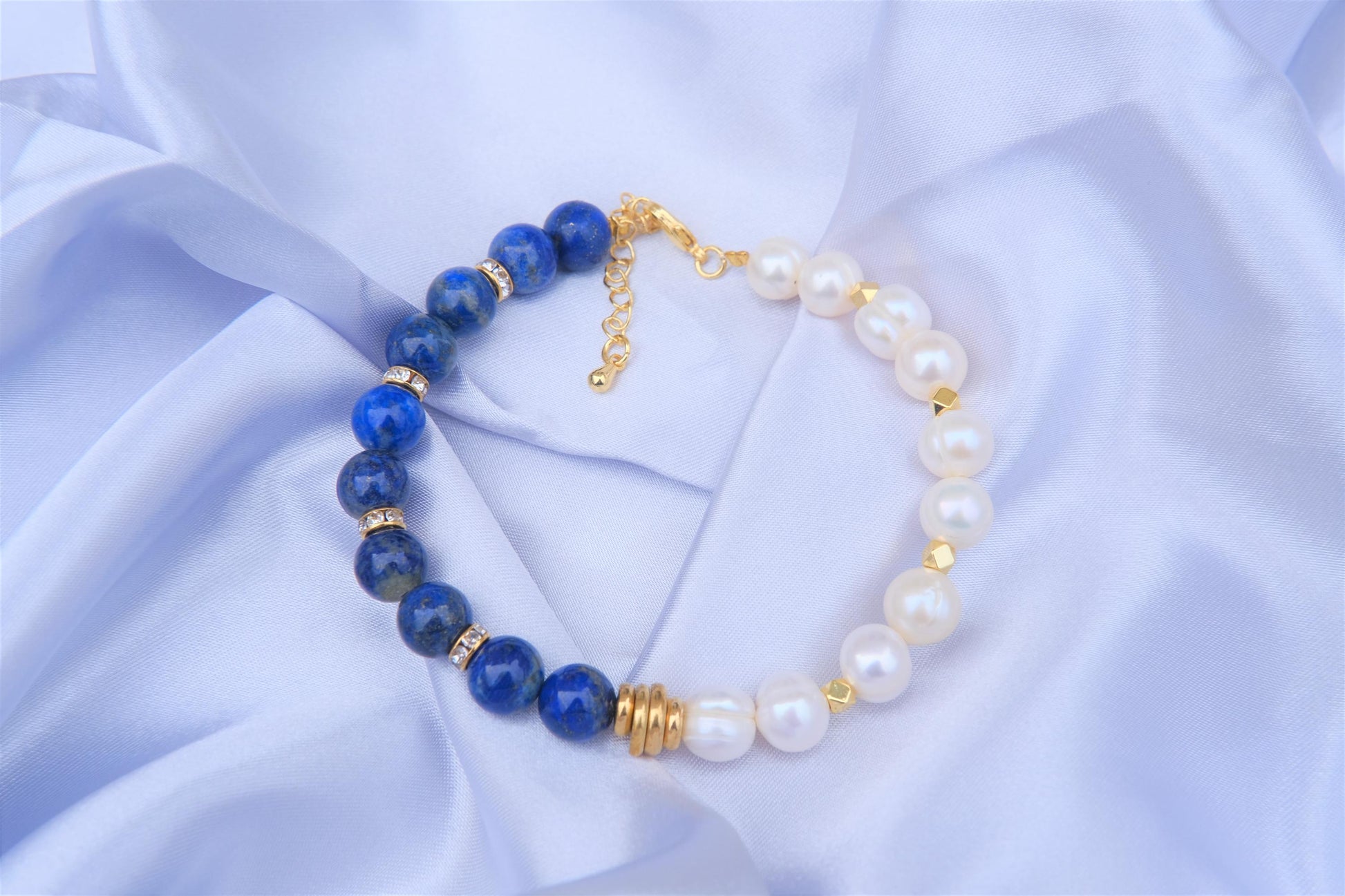 Natural Freshwater White Pearl | Natural Lapis Lazuli Design Bracelet | 7.5-inch + 2-inch Extension Chain —Designed by YL