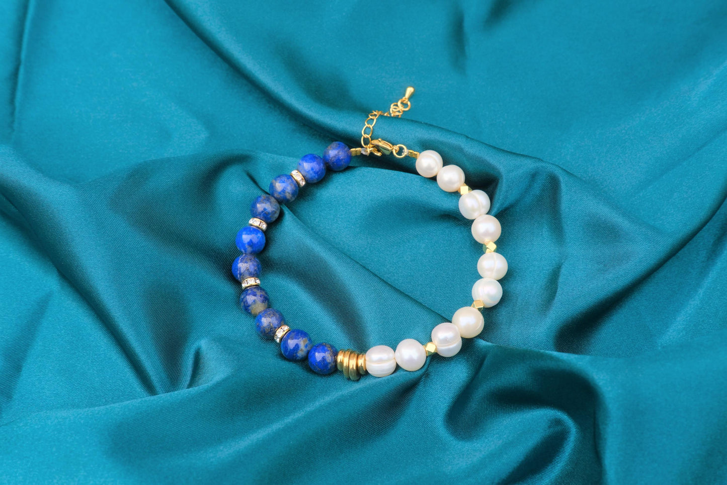 Natural Freshwater White Pearl | Natural Lapis Lazuli Design Bracelet | 7.5-inch + 2-inch Extension Chain —Designed by YL