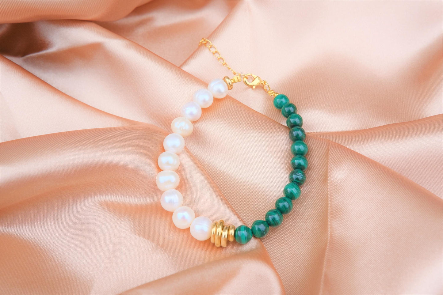 Natural Freshwater White Pearl | Natural Malachite Design Bracelet | 7-inch + 2-inch Extension Chain —Designed by YL