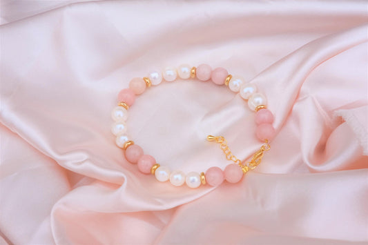 Natural Freshwater White Pearl | Natural Pink Opal Design Bracelet | 8-inch + 2-inch Extension Chain —Designed by YL