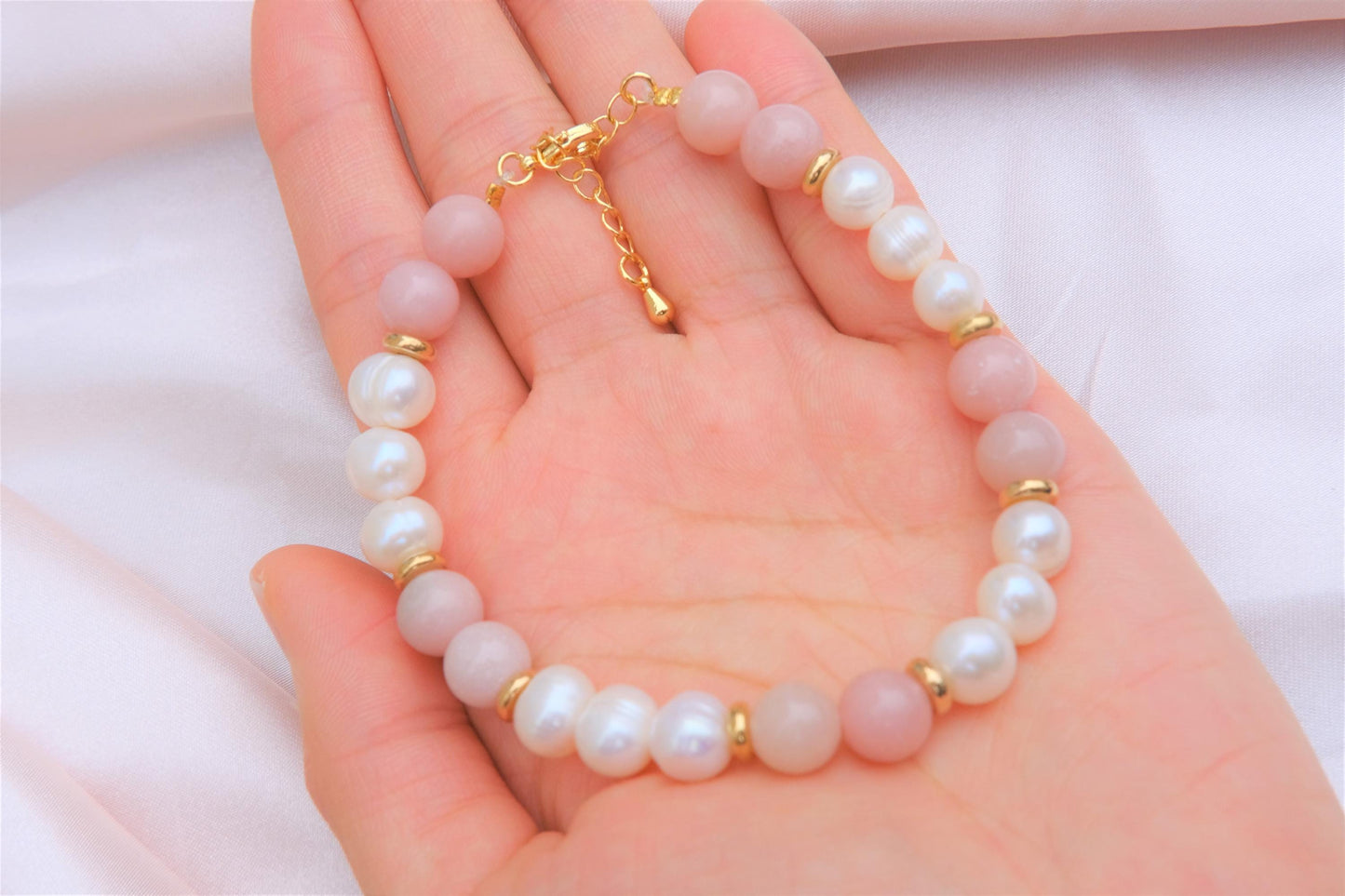 Natural Freshwater White Pearl | Natural Pink Opal Design Bracelet | 8-inch + 2-inch Extension Chain —Designed by YL