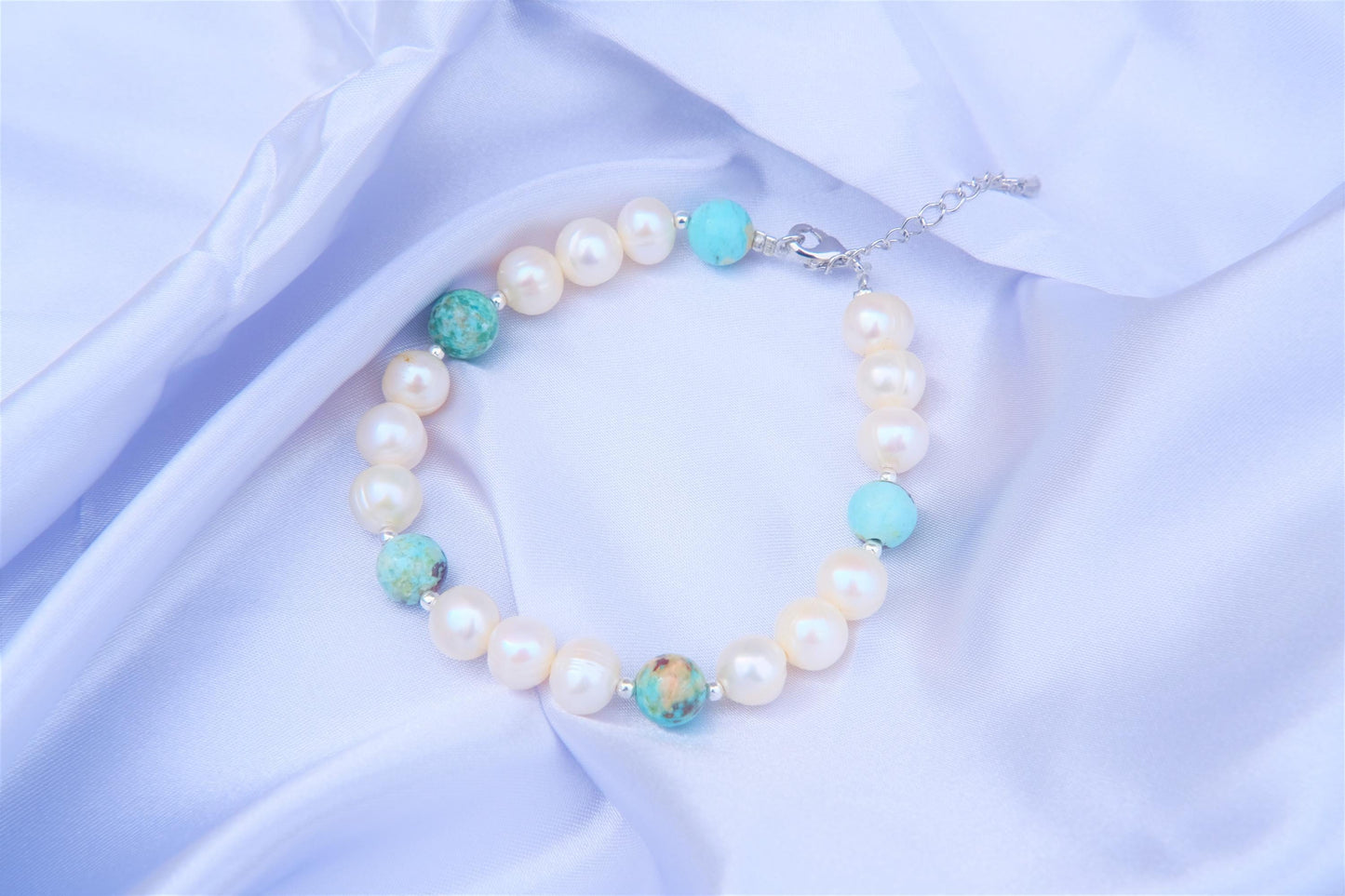 Natural Freshwater White Pearl | Natural Turquoise Design Bracelet | 7-inch + 2-inch Extension Chain —Designed by YL