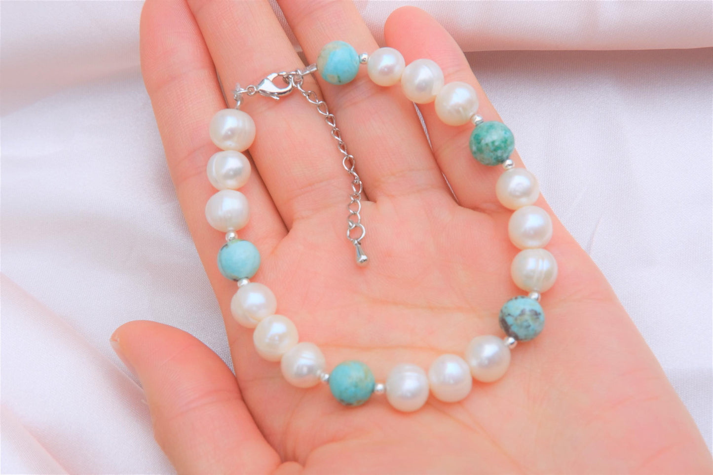 Natural Freshwater White Pearl | Natural Turquoise Design Bracelet | 7-inch + 2-inch Extension Chain —Designed by YL