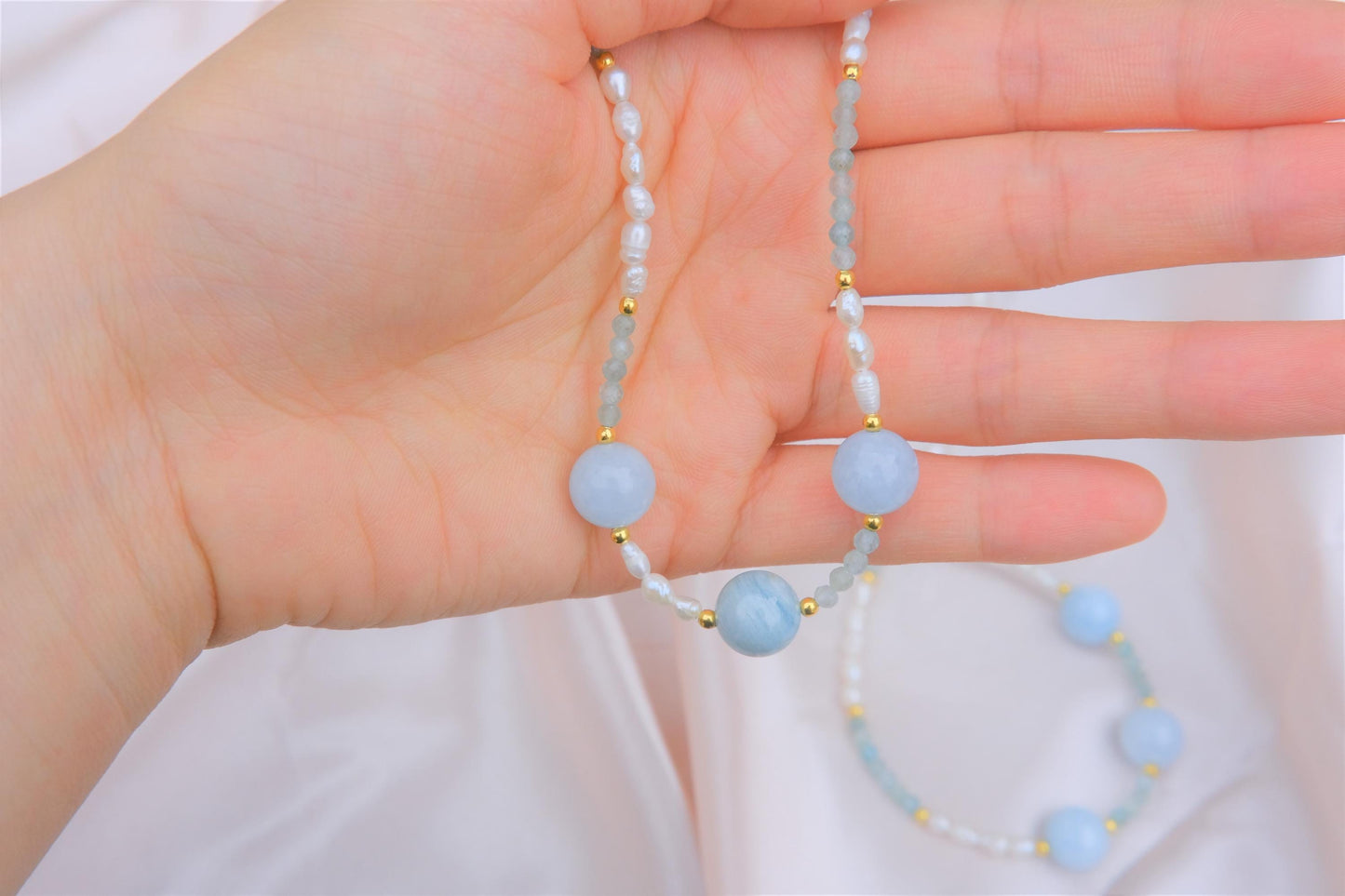 Natural Freshwater Rice Pearl | Natural Aquamarine Design Necklace | 15-inch + 2-inch Extension Chain | Choker—Designed by YL