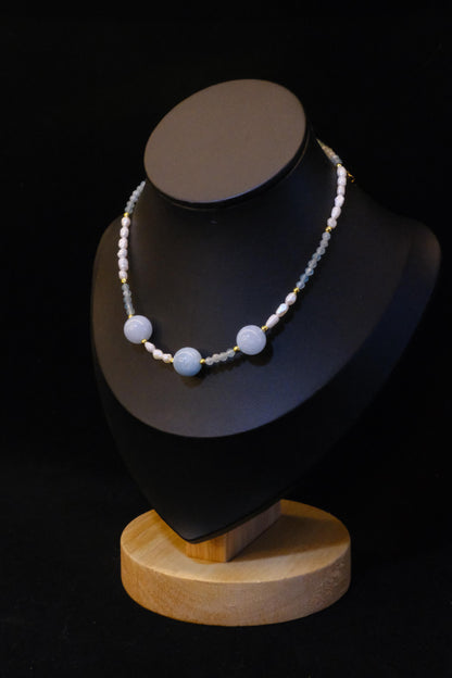 Natural Freshwater Rice Pearl | Natural Aquamarine Design Necklace | 15-inch + 2-inch Extension Chain | Choker—Designed by YL