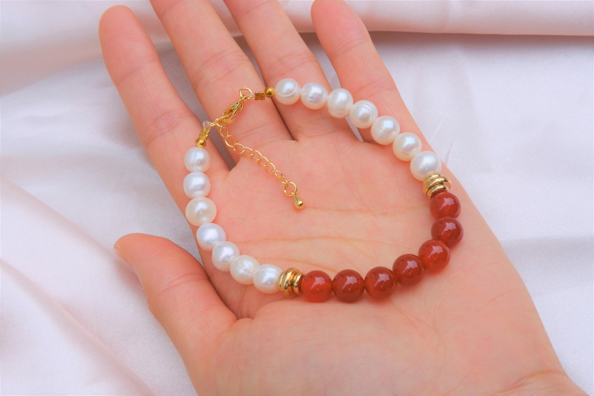 Natural Freshwater White Pearl | Natural Carnelian Design Bracelet | 7.5-inch + 2-inch Extension Chain —Designed by YL