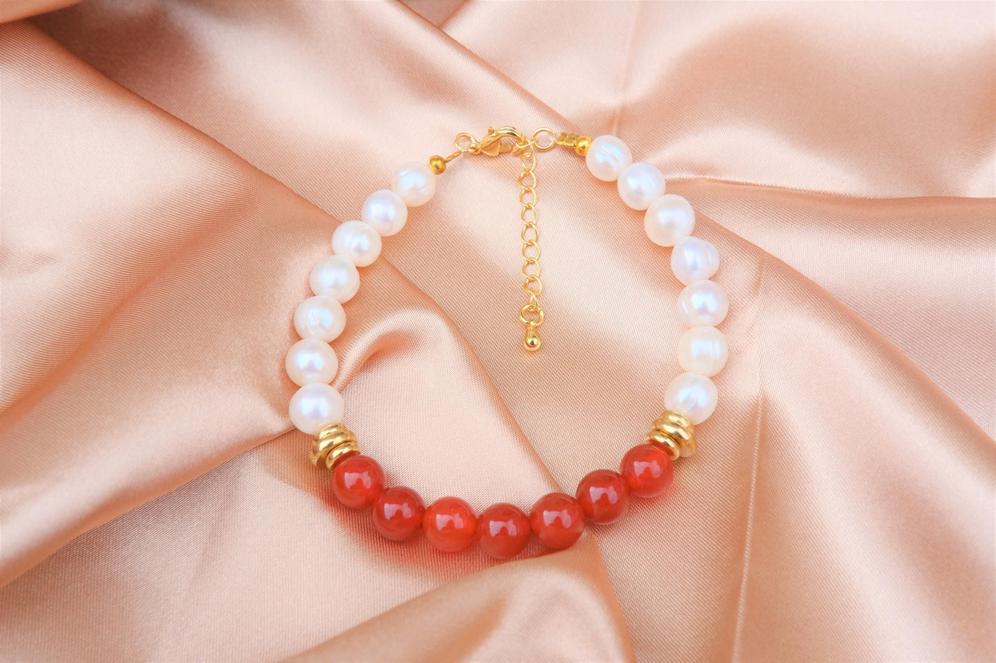 Natural Freshwater White Pearl | Natural Carnelian Design Bracelet | 7.5-inch + 2-inch Extension Chain —Designed by YL