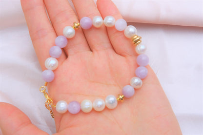 Natural Freshwater White Pearl | Natural Kunzite Design Bracelet | 7-inch + 2-inch Extension Chain —Designed by YL