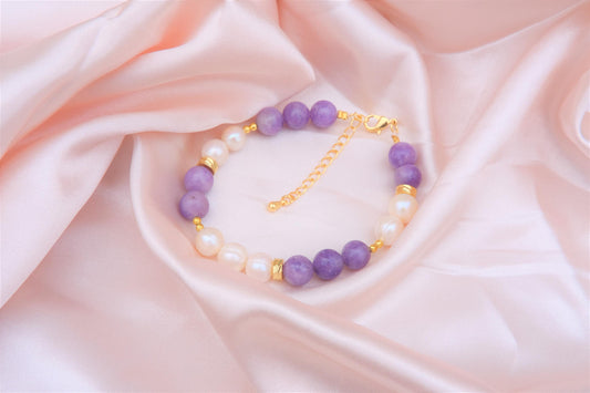 Natural Freshwater White Pearl | Natural Lepidolite Design Bracelet | 6.5-inch + 2-inch Extension Chain —Designed by YL