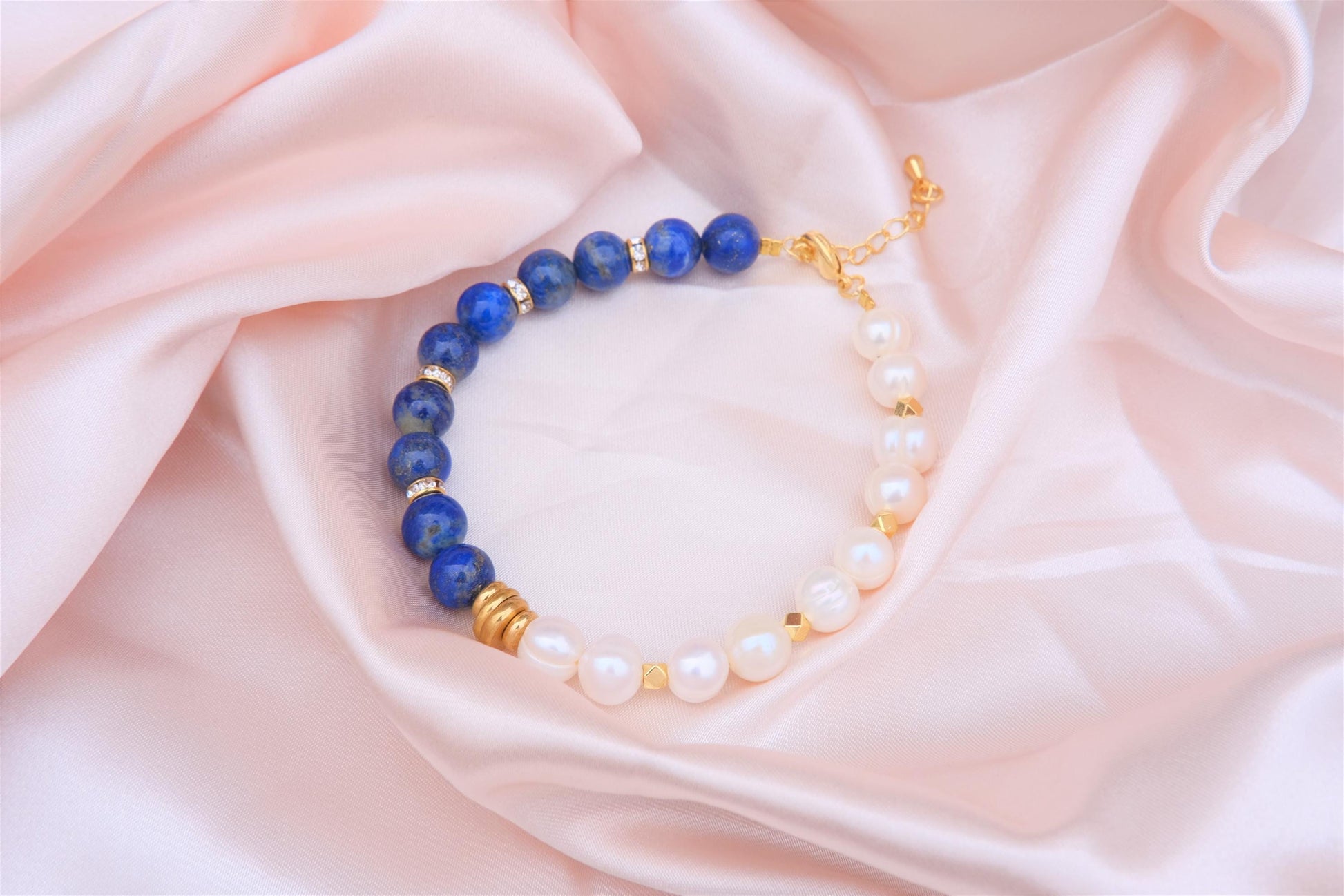 Natural Freshwater White Pearl | Natural Lapis Lazuli Design Bracelet | 7.5-inch + 2-inch Extension Chain —Designed by YL