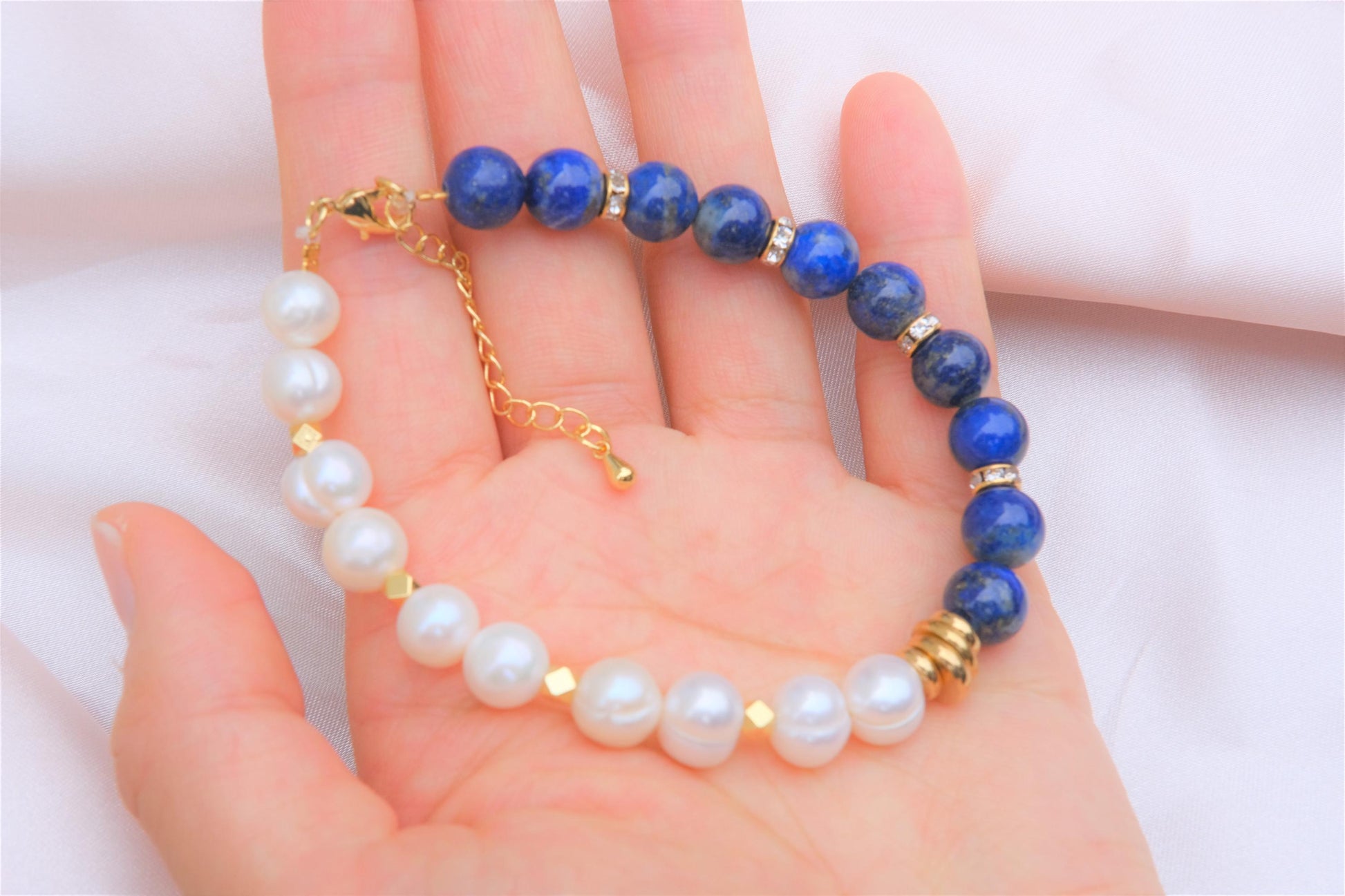 Natural Freshwater White Pearl | Natural Lapis Lazuli Design Bracelet | 7.5-inch + 2-inch Extension Chain —Designed by YL