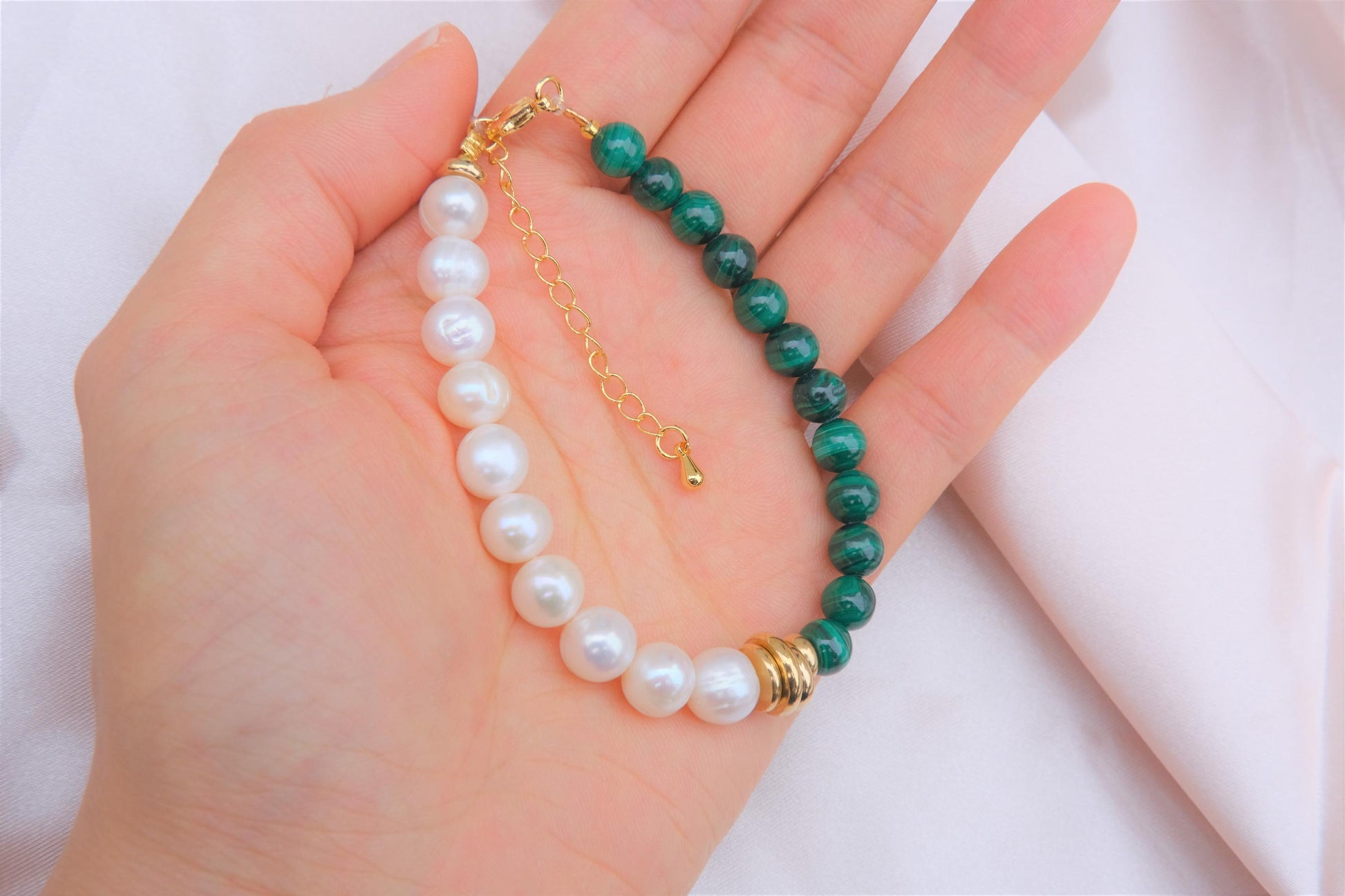 Natural Freshwater White Pearl | Natural Malachite Design Bracelet | 7-inch + 2-inch Extension Chain —Designed by YL