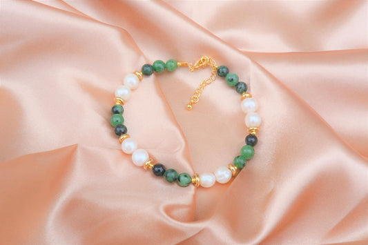 Natural Freshwater White Pearl | Natural Zoisite Design Bracelet | 7.5-inch + 2-inch Extension Chain —Designed by YL