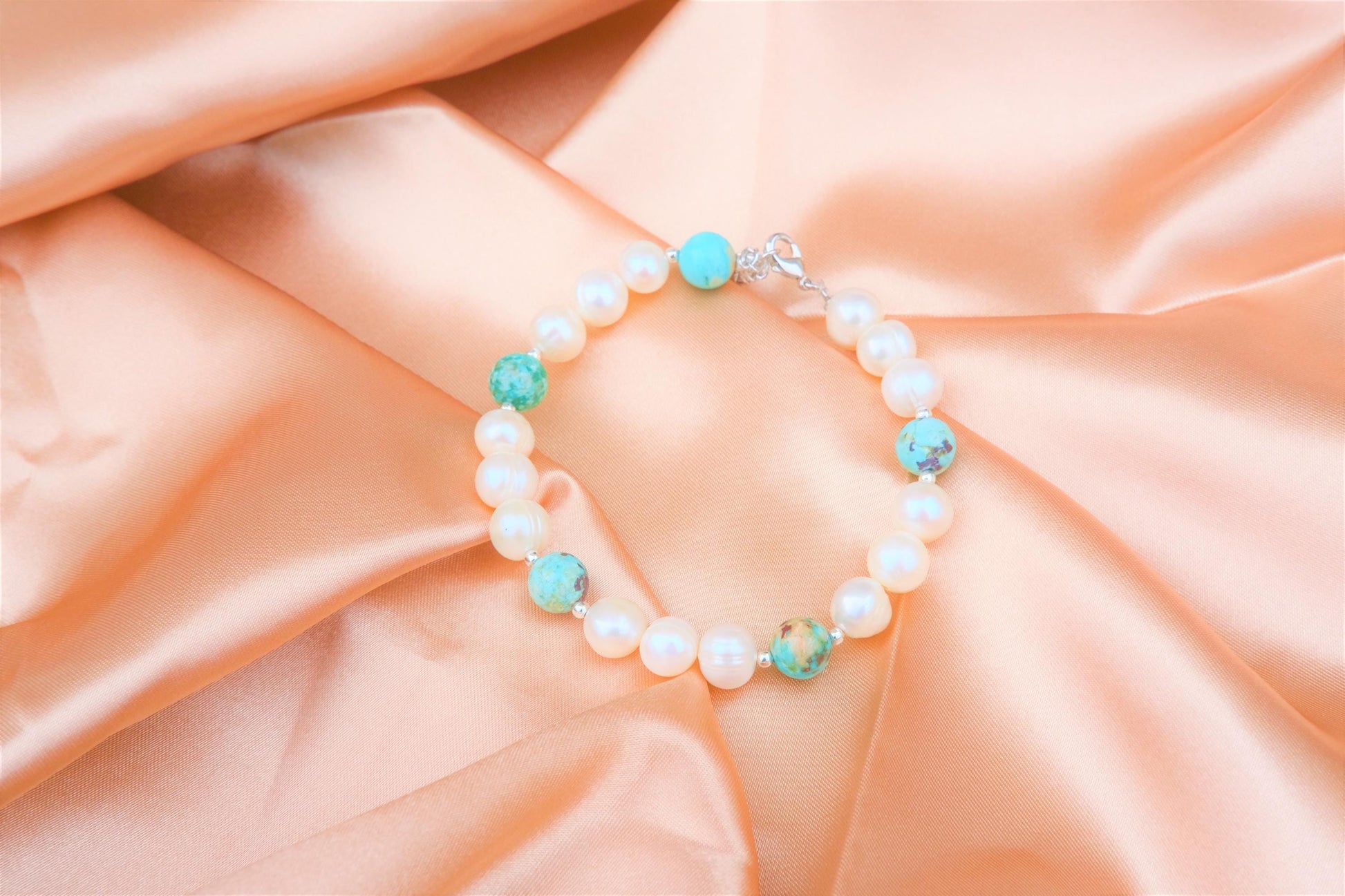 Natural Freshwater White Pearl | Natural Turquoise Design Bracelet | 7-inch + 2-inch Extension Chain —Designed by YL