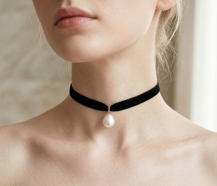 Natural Baroque Pearl Velvet Choker