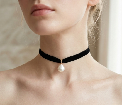 Natural Baroque Pearl Velvet Choker